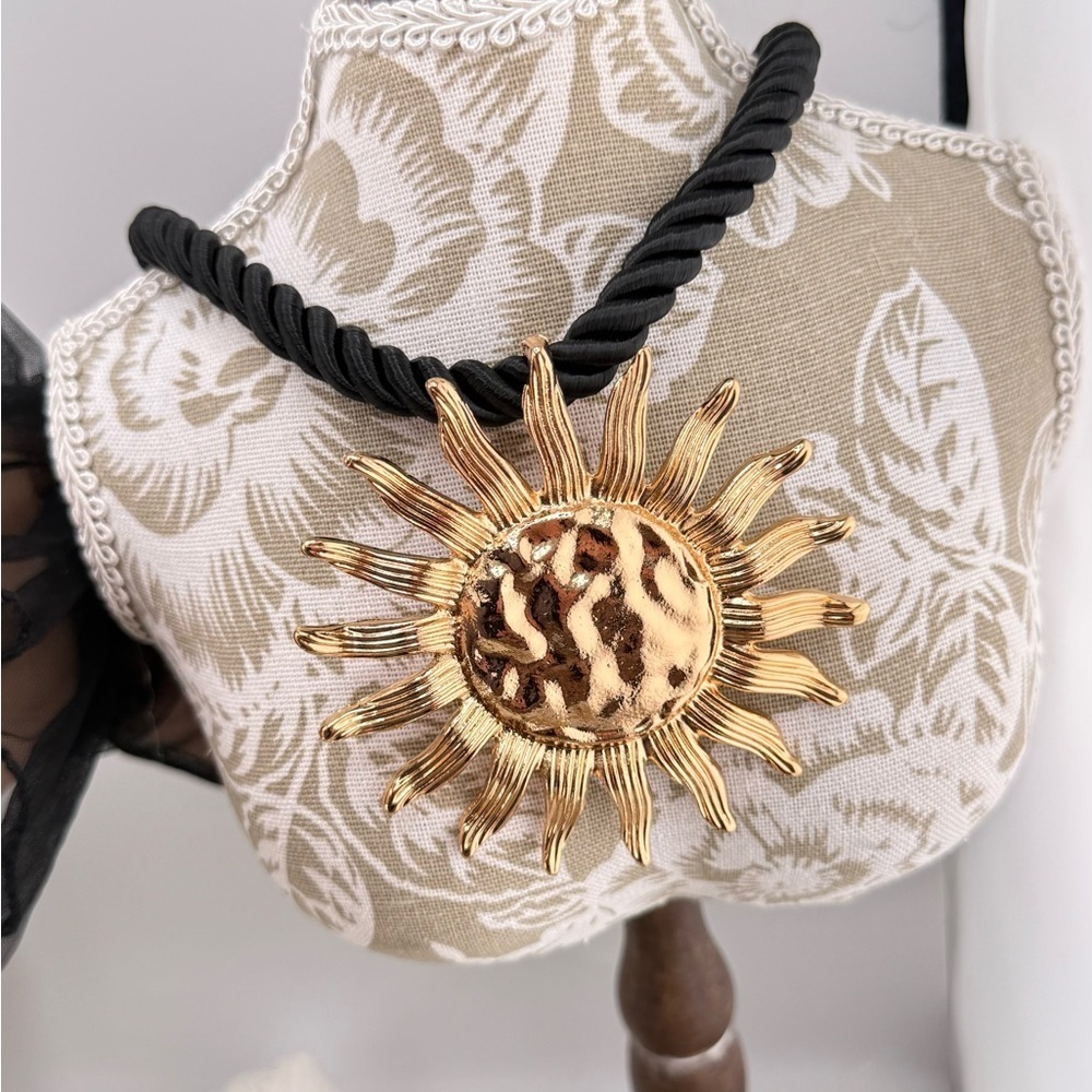 Statement Sun Pendant Necklace – Gold-Tone with Black Cord - Picture 7 of 11